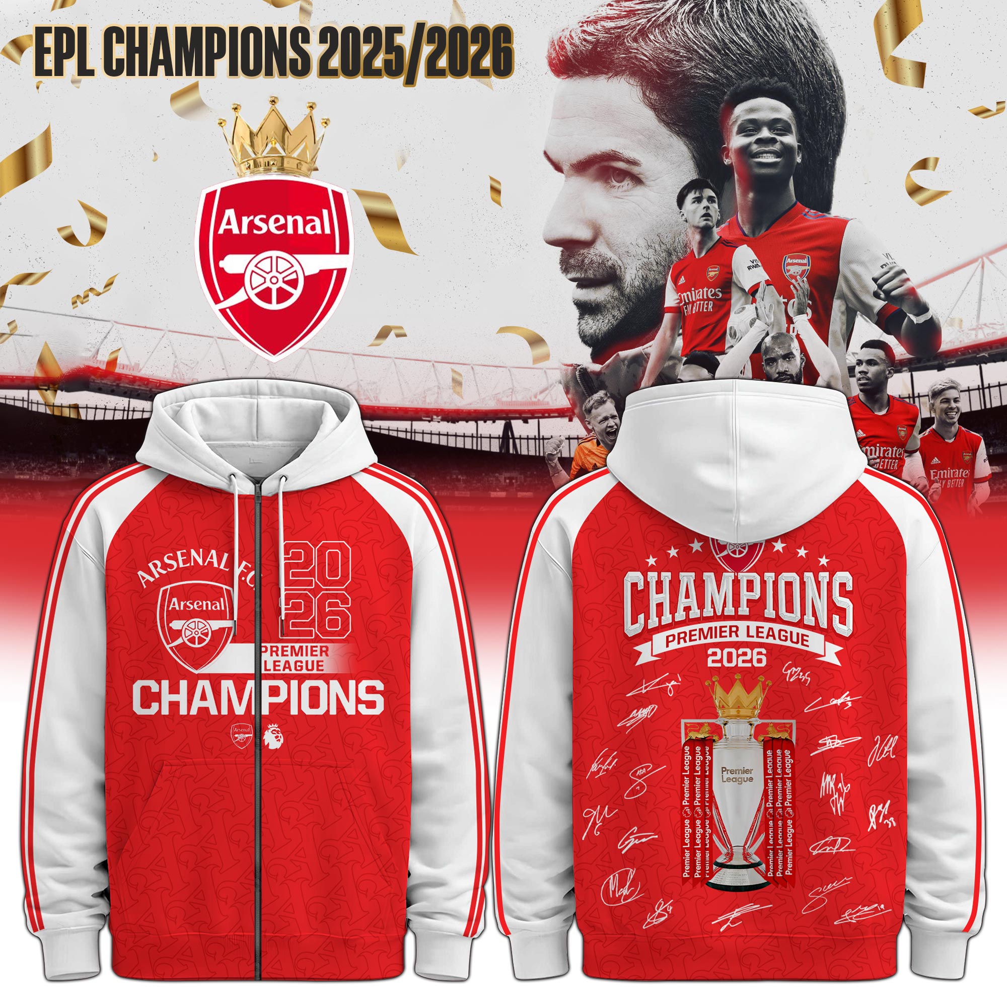 Arsenal Premier League Champions 2026 Hoodie - Front View