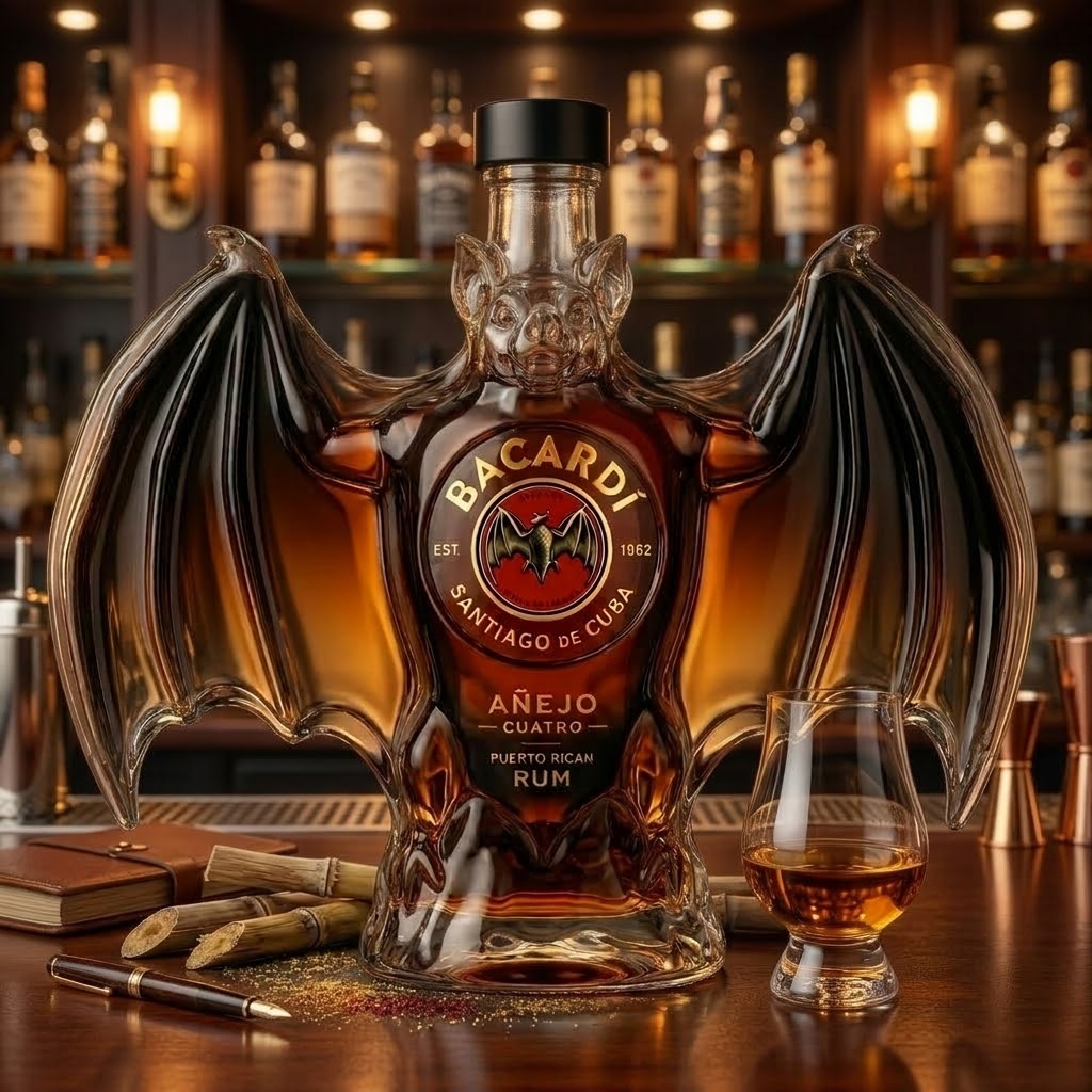 Bacardi Añejo Cuatro Bat Shaped Whisky Bottle - Detail View