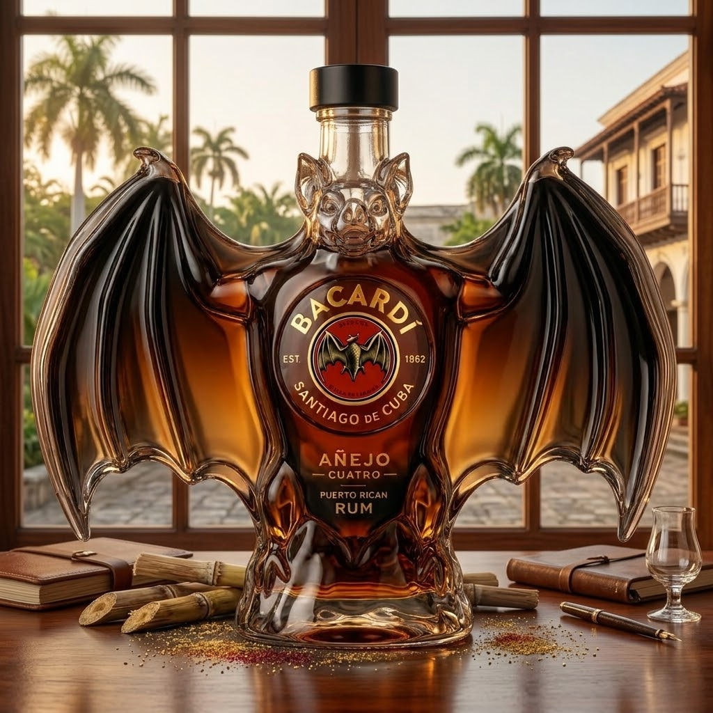 Bacardi Añejo Cuatro Bat Shaped Whisky Bottle - Front View