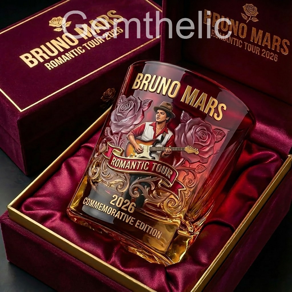 Bruno Mars Romantic Tour 2026 Commemorative Whiskey Glass - Front View