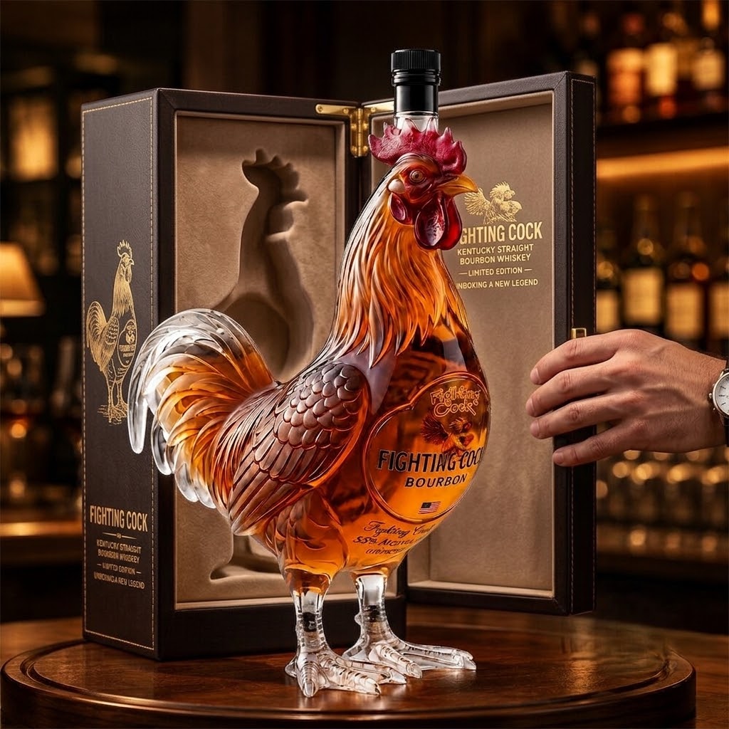 Fighting Cock Rooster Shaped Bourbon Whiskey Bottle - Detail View