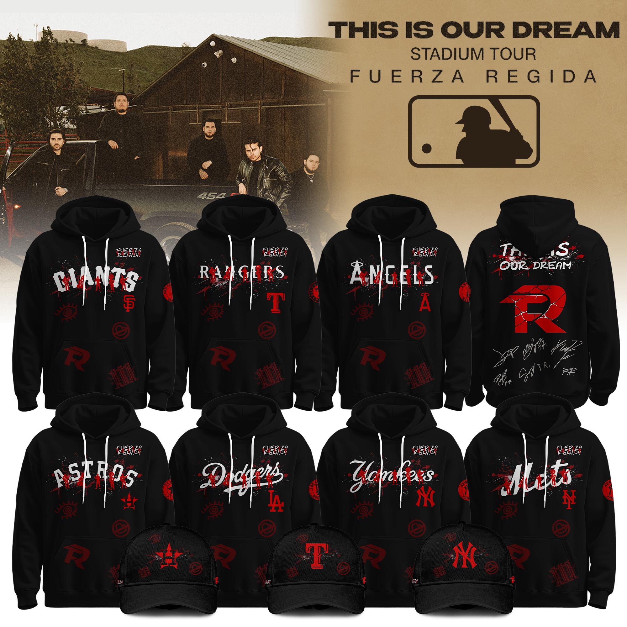 All MLB Team x Fuerza Regida This Is Our Dream Stadium Tour Hoodie - Front View