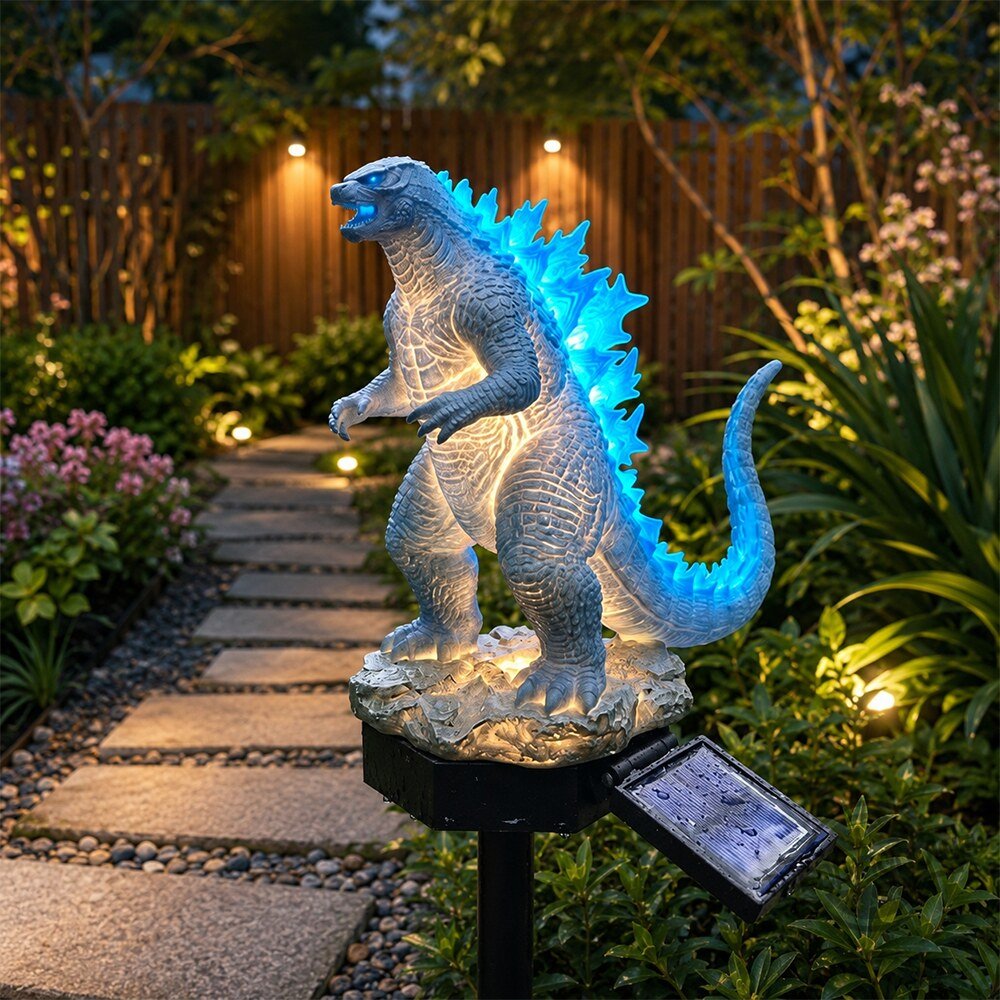 Godzilla Blue Glowing Back Fins Solar Garden Light - Front View