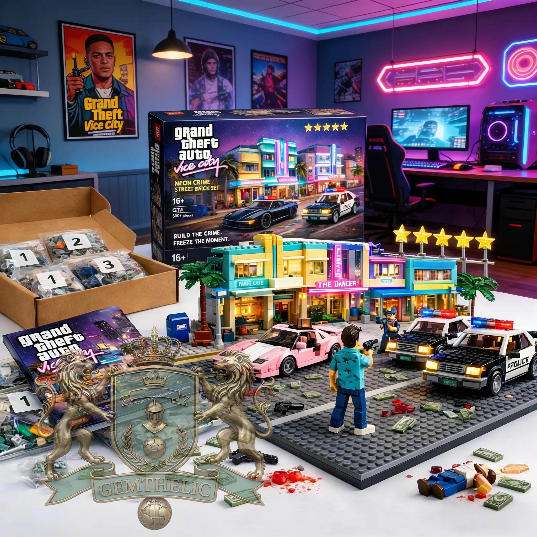 Grand Theft Auto Vice City Neon Crime Street Building Bricks Set - Detail View