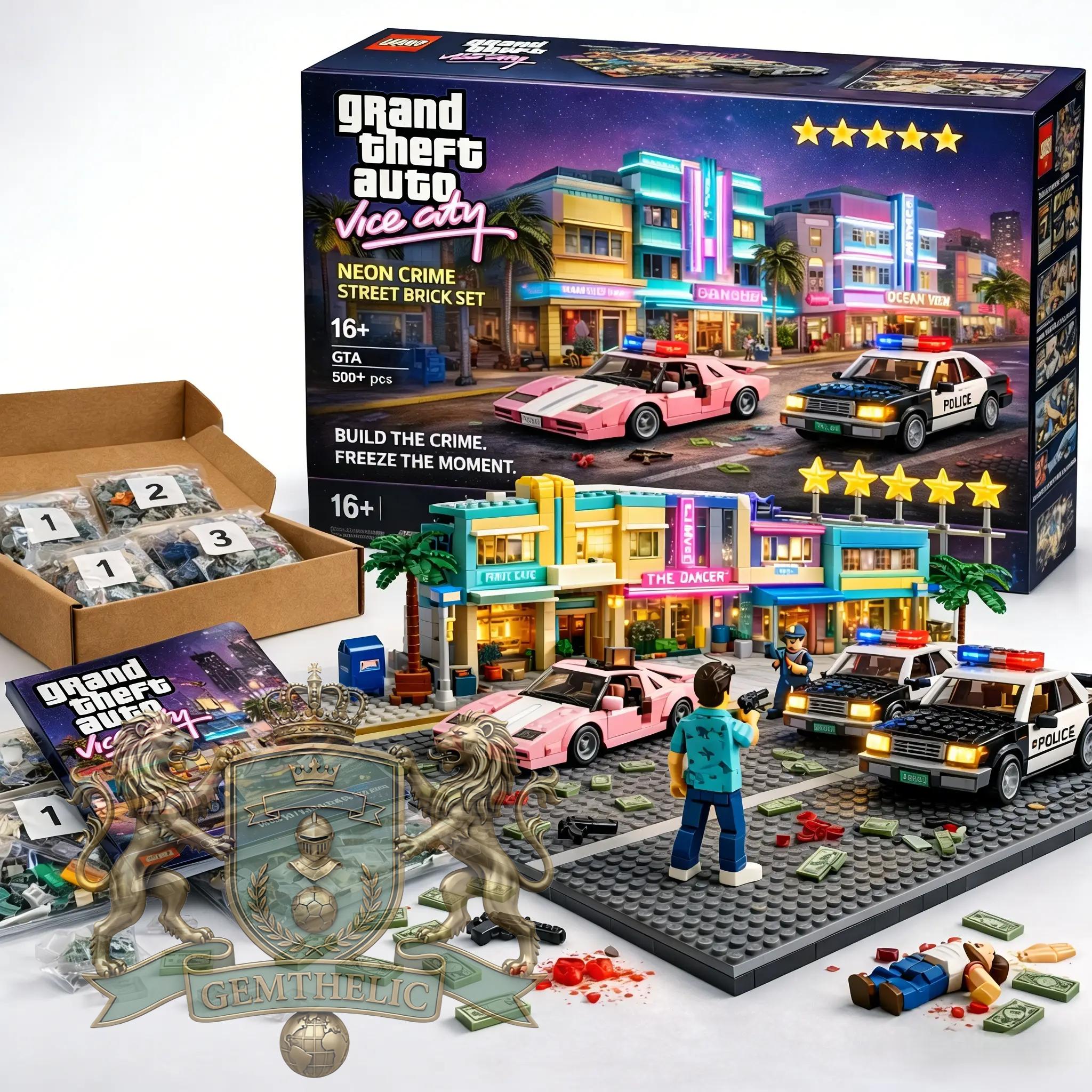 Grand Theft Auto Vice City Neon Crime Street Building Bricks Set - Front View
