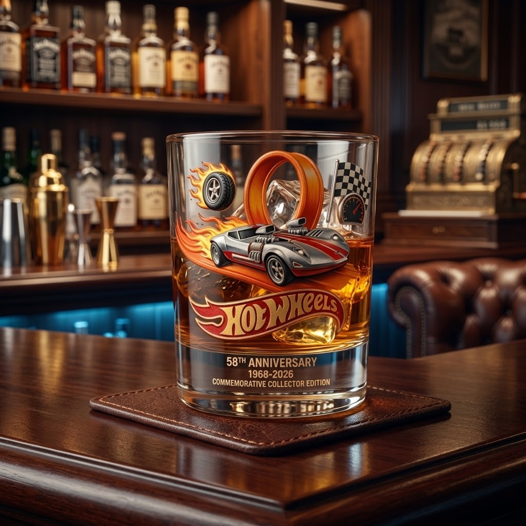 Hot Wheels 58th Anniversary 1968-2026 Commemorative Whiskey Glass - Front View