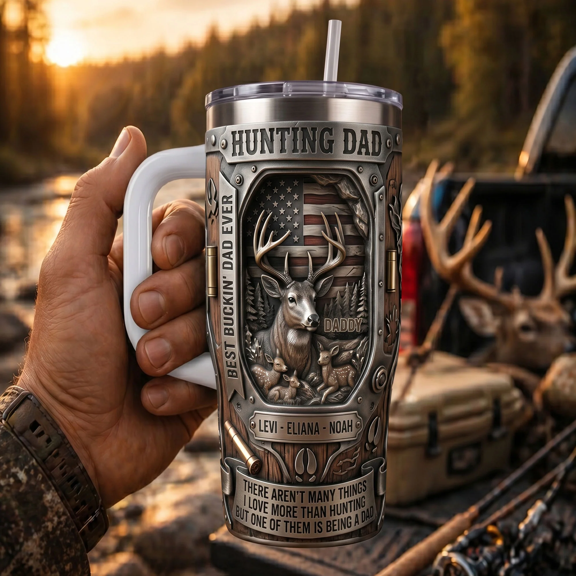 Hunting Dad Buck Fawns American Flag Tumbler - Front View