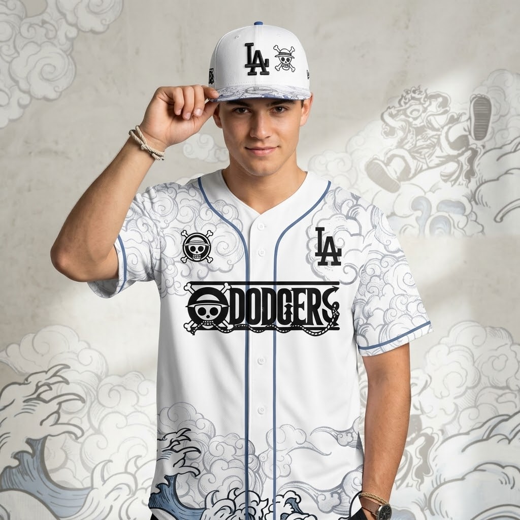 Los Angeles Dodgers One Piece Luffy Gear 5 Baseball Jersey - Detail View