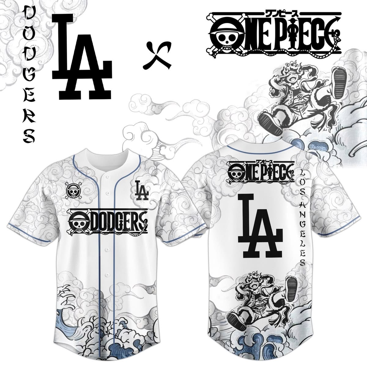Los Angeles Dodgers One Piece Luffy Gear 5 Baseball Jersey - Front View