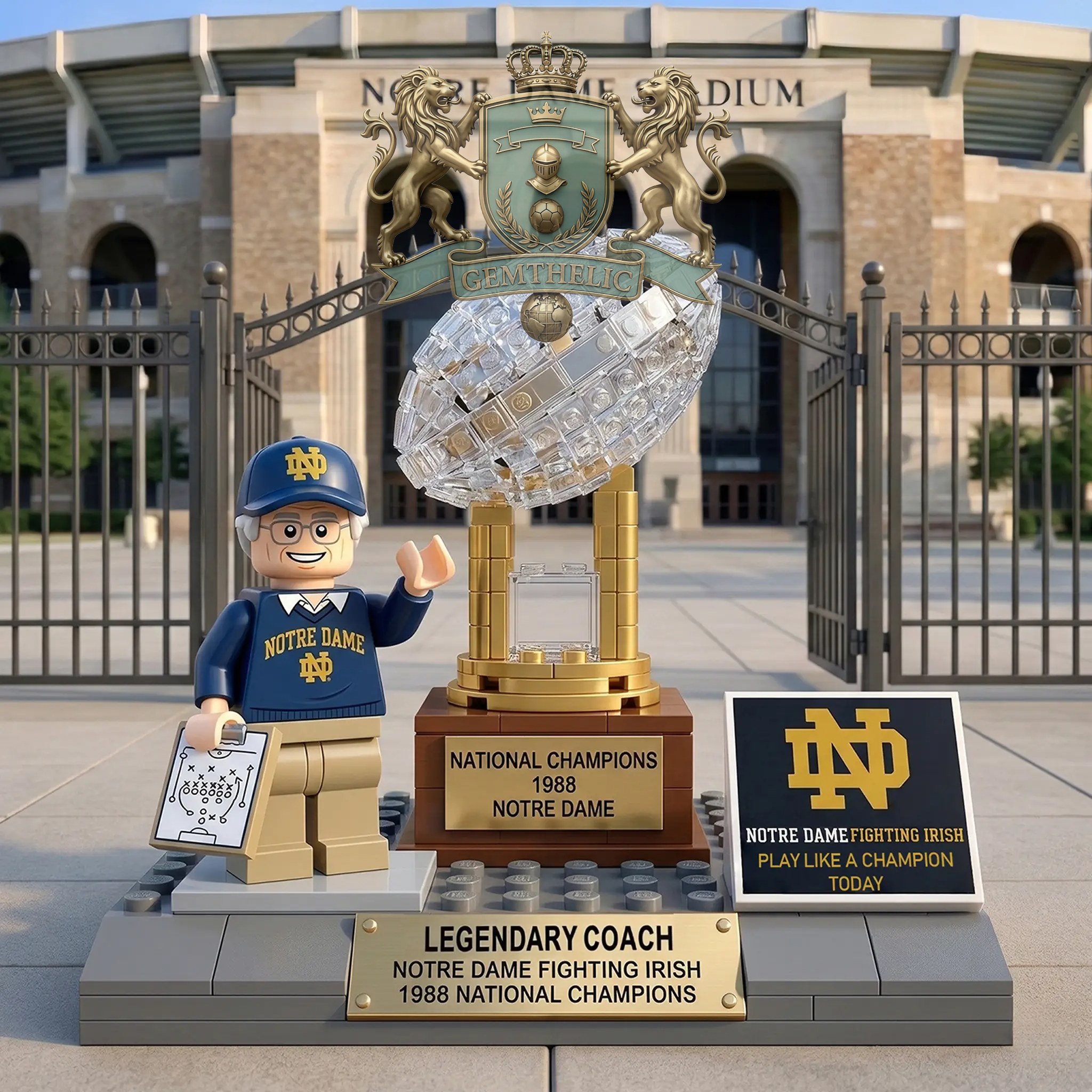 Notre Dame Fighting Irish 1988 National Champions Legendary Coach Lego Building Bricks Set - Front View