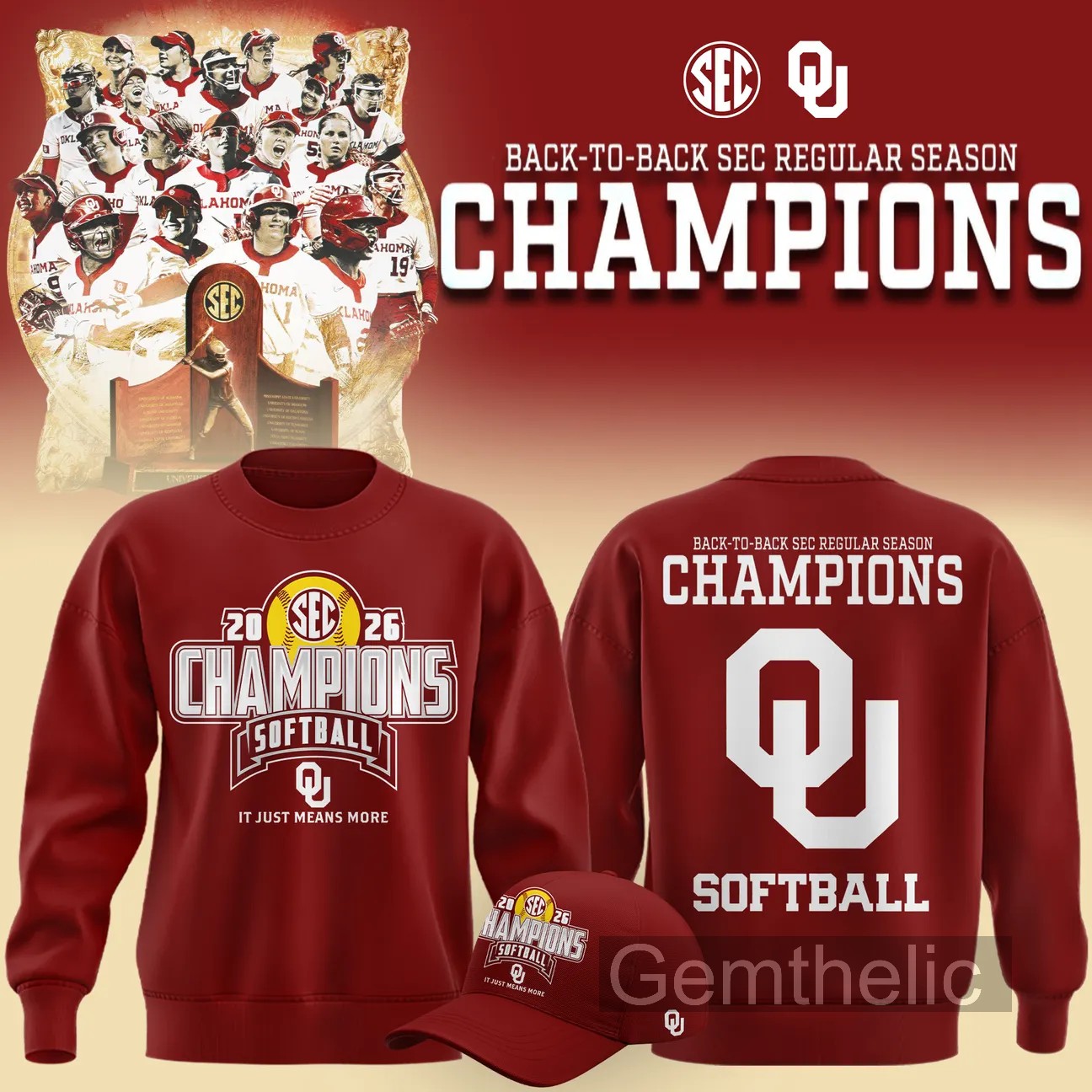 Oklahoma Sooners Softball Back-To-Back 2026 SEC Regular Season Champions Sweatshirt - Front View