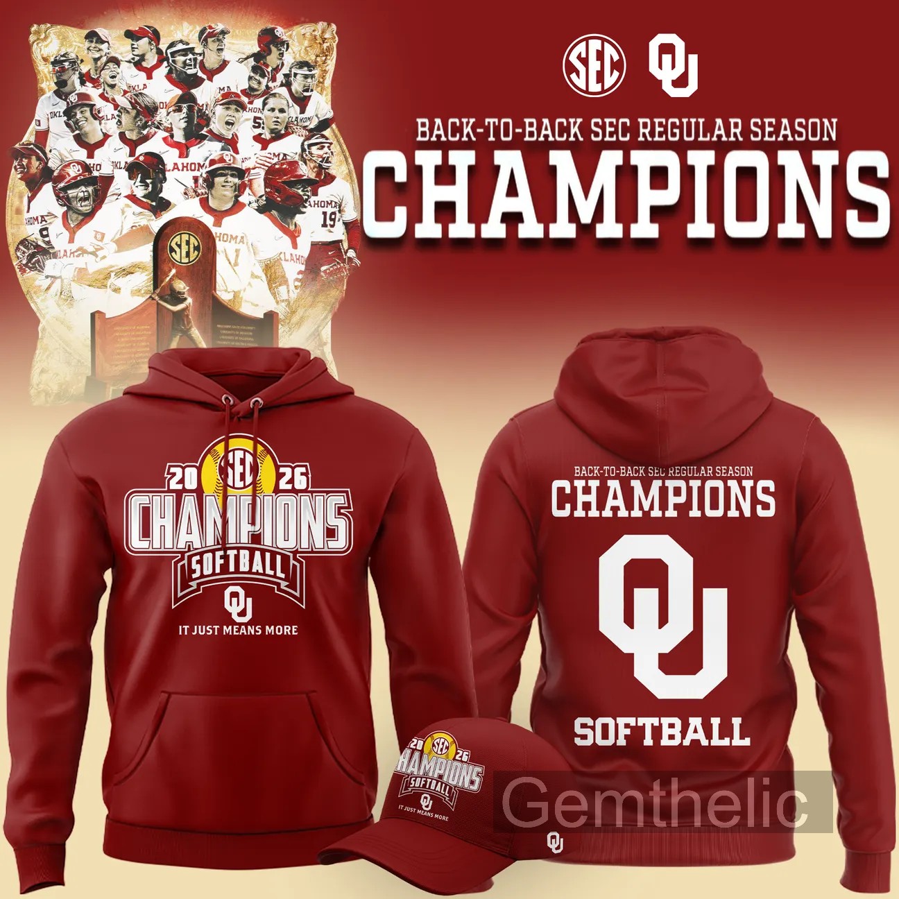 Oklahoma Sooners Softball Back-To-Back SEC Regular Season Champions Hoodie - Front View