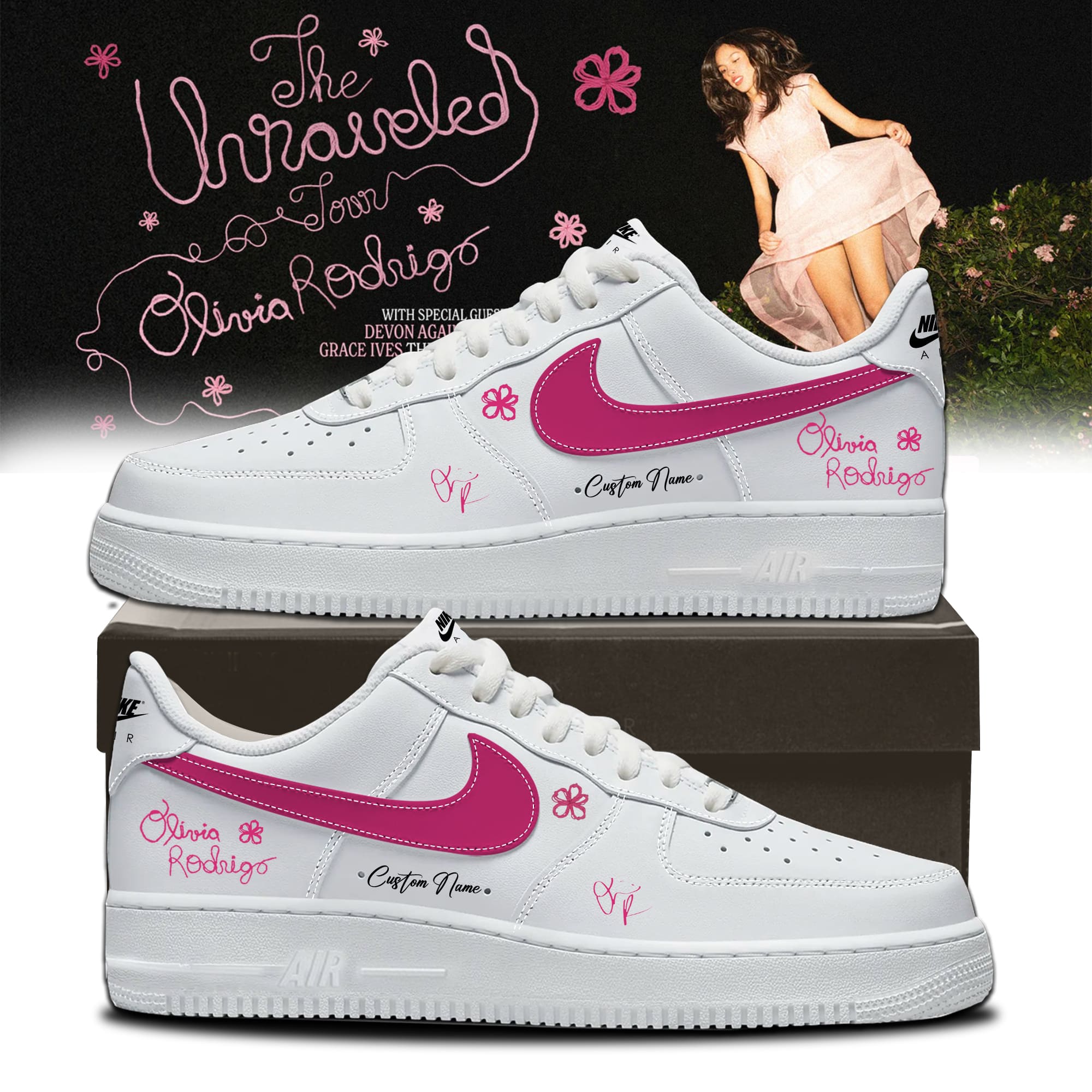 Olivia Rodrigo The Unraveled Tour Custom Nike Air Force 1 Sneakers - Front View