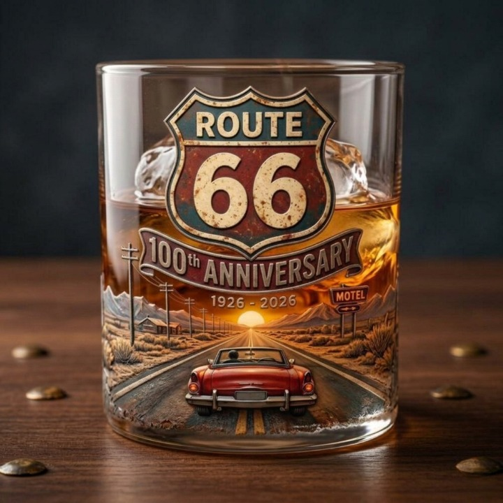 Route 66 100th Anniversary 1926-2026 Whiskey Glass - Detail View