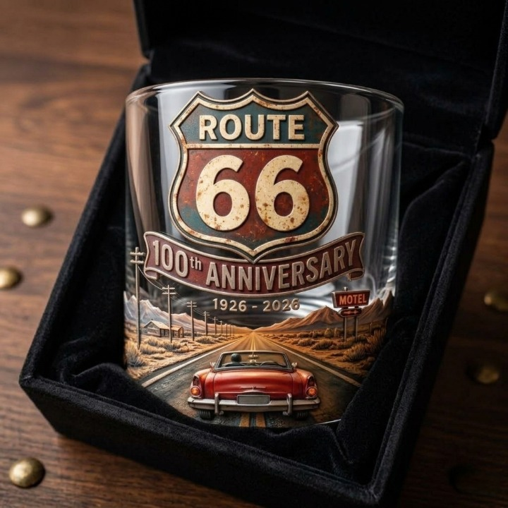 Route 66 100th Anniversary 1926-2026 Whiskey Glass - Front View