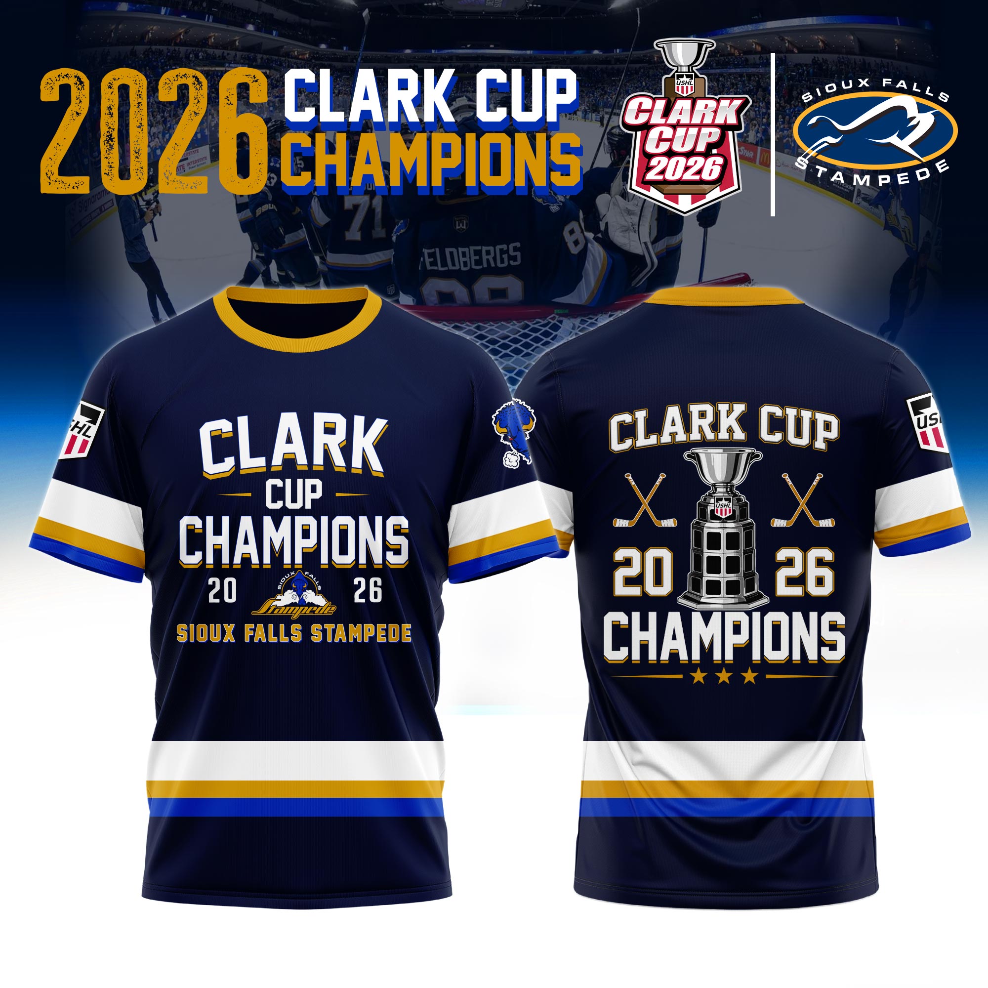 Sioux Falls Stampede Clark Cup Champions 2026 T-Shirt - Front View