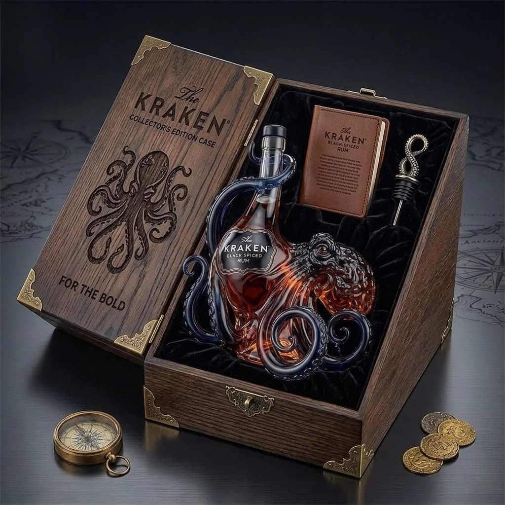 The Kraken Black Spiced Rum Octopus Design Bottle - Detail View