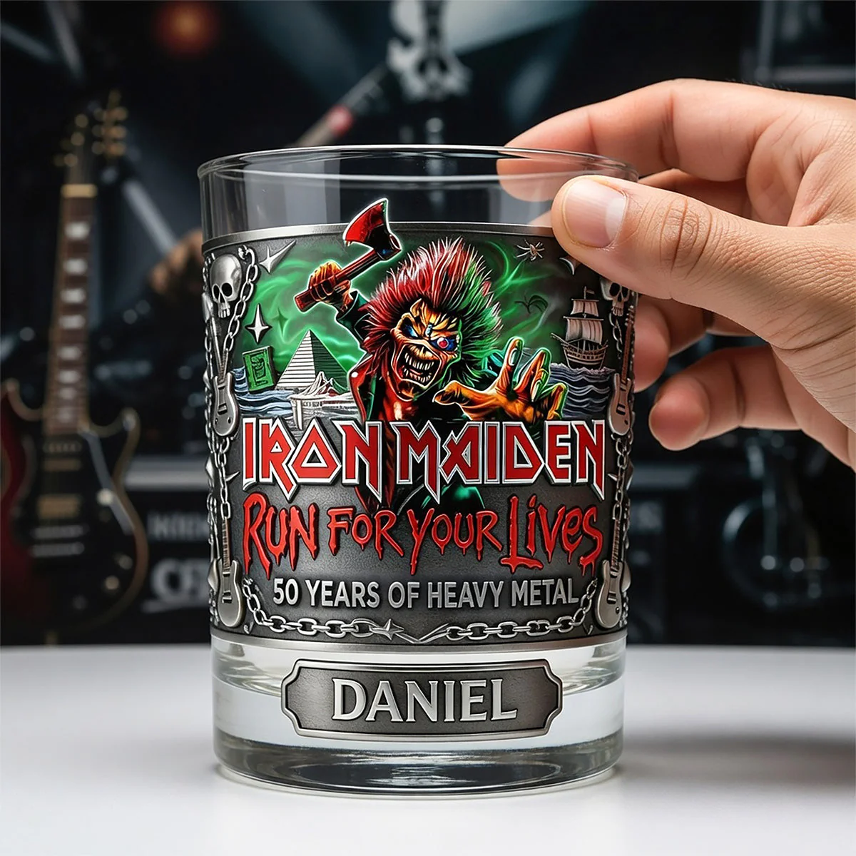 Iron Maiden 50th Anniversary Run For Your Lives Whiskey Glass - Detail View