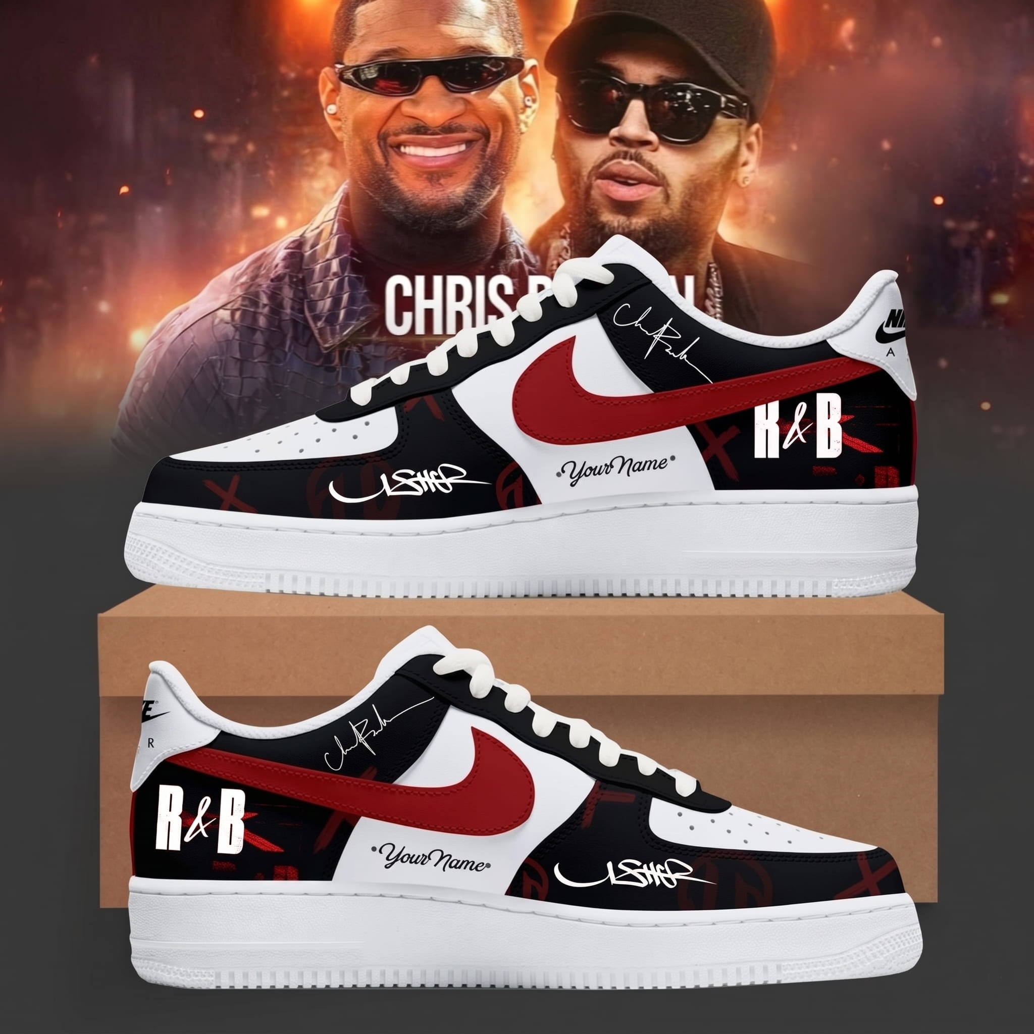 Usher and Chris Brown R&B Music Custom Sneakers - Front View