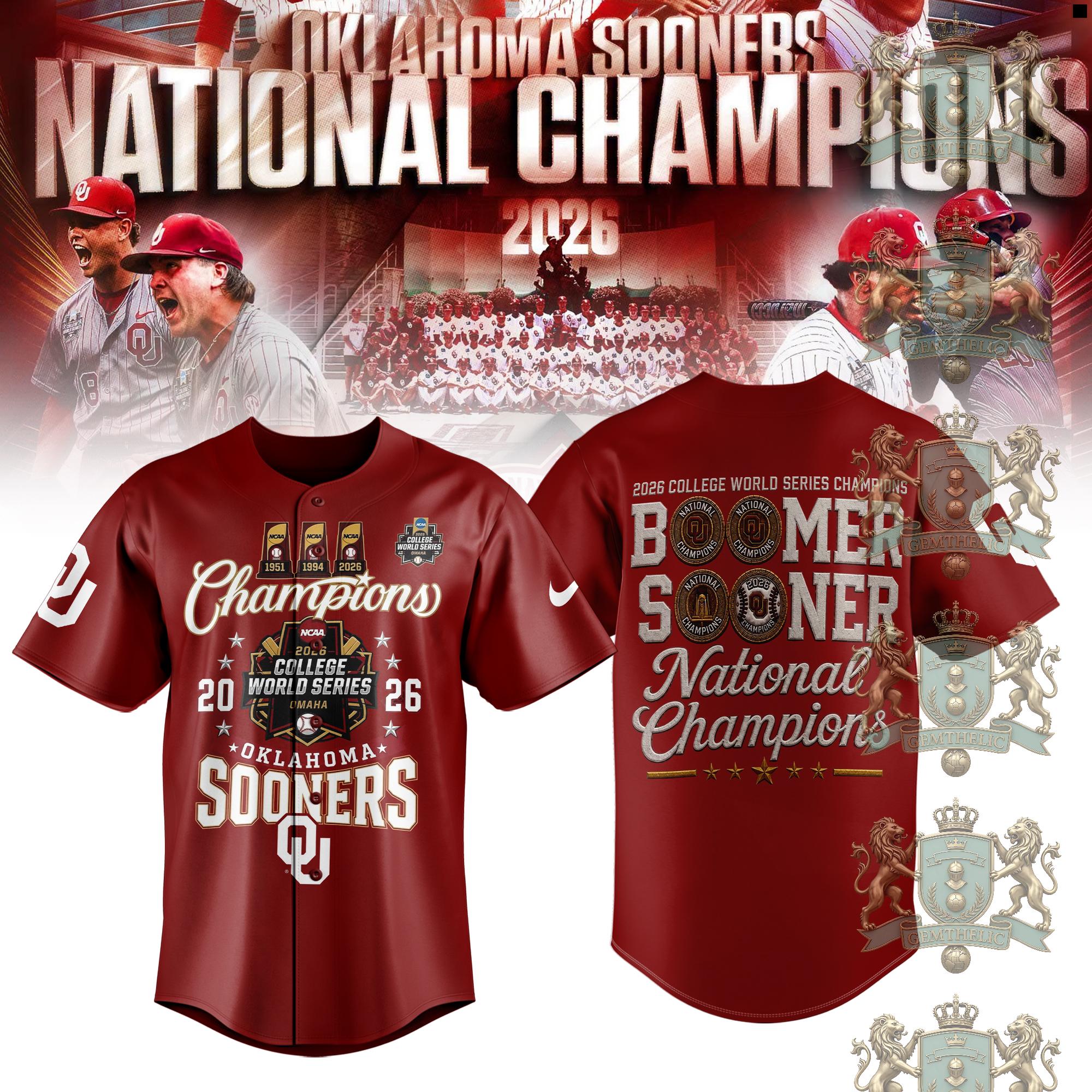 Oklahoma Sooners 2026 College World National Champions Baseball Jersey - Front View
