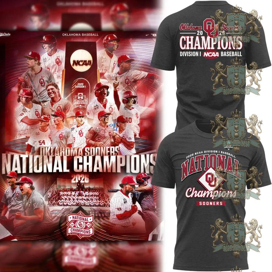 Oklahoma Sooners Baseball National Champions 2026 T-Shirt - Front View