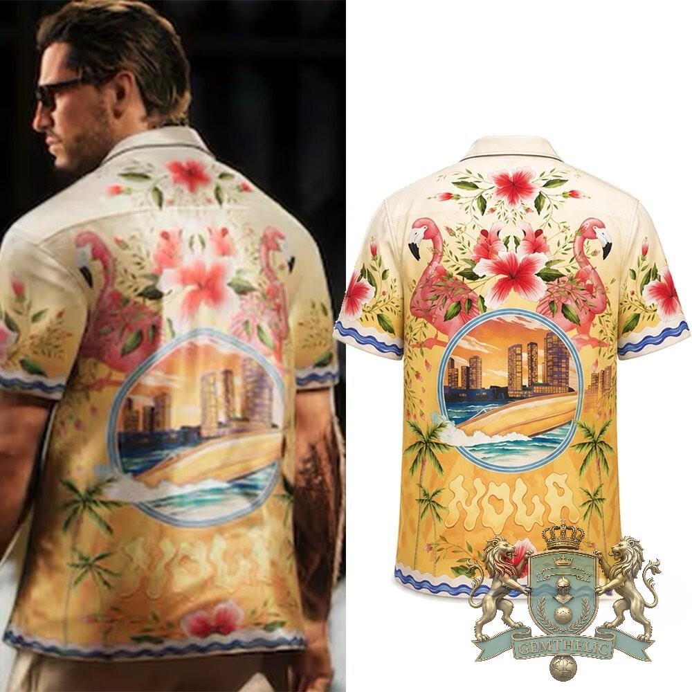 GENTHEUR YOURS Flamingos Tropical Beach City Hawaiian Shirt