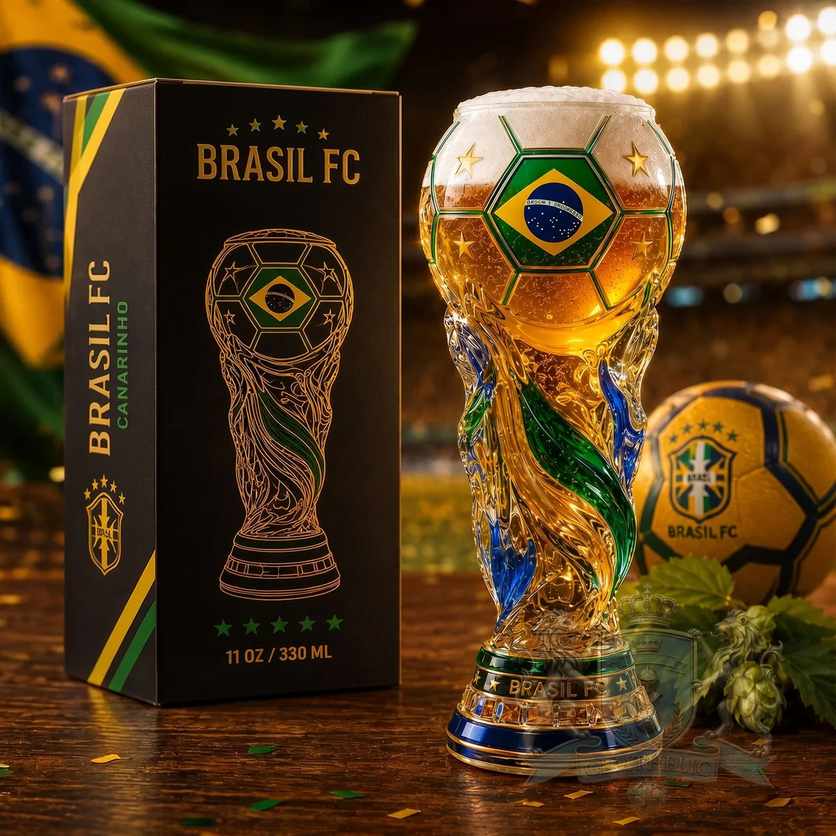 Brasil FC World Cup Trophy Canarinho Beer Glass - Front View