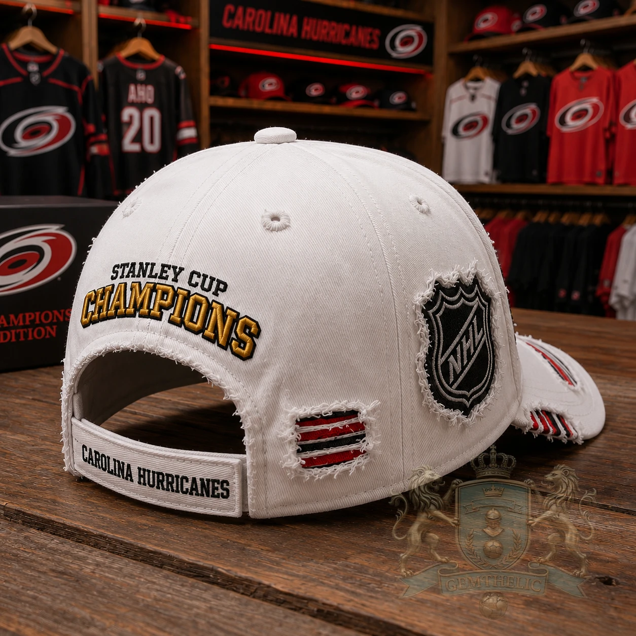Carolina Hurricanes Stanley Cup Champions Distressed Baseball Cap - Detail View