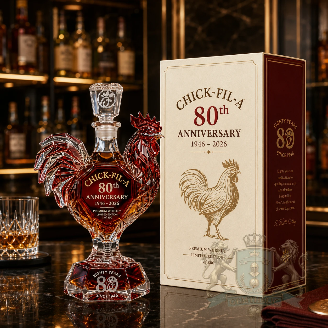 Chick-fil-A 80th Anniversary 1946-2026 Whiskey Decanter - Detail View