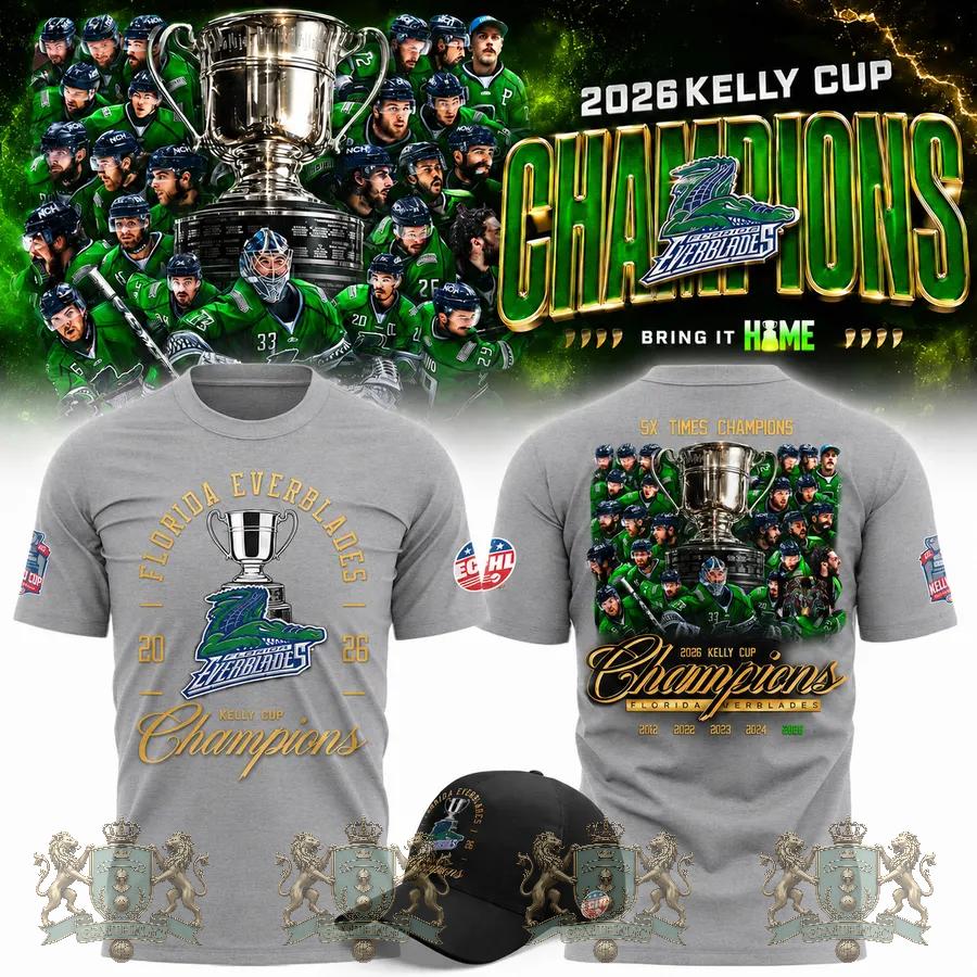 Florida Everblades 2026 Kelly Cup 5X Times Champions T-Shirt - Detail View