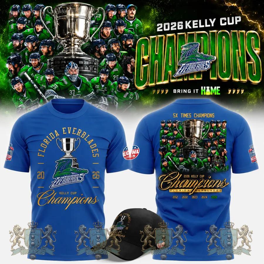 Florida Everblades 2026 Kelly Cup 5X Times Champions T-Shirt - Front View
