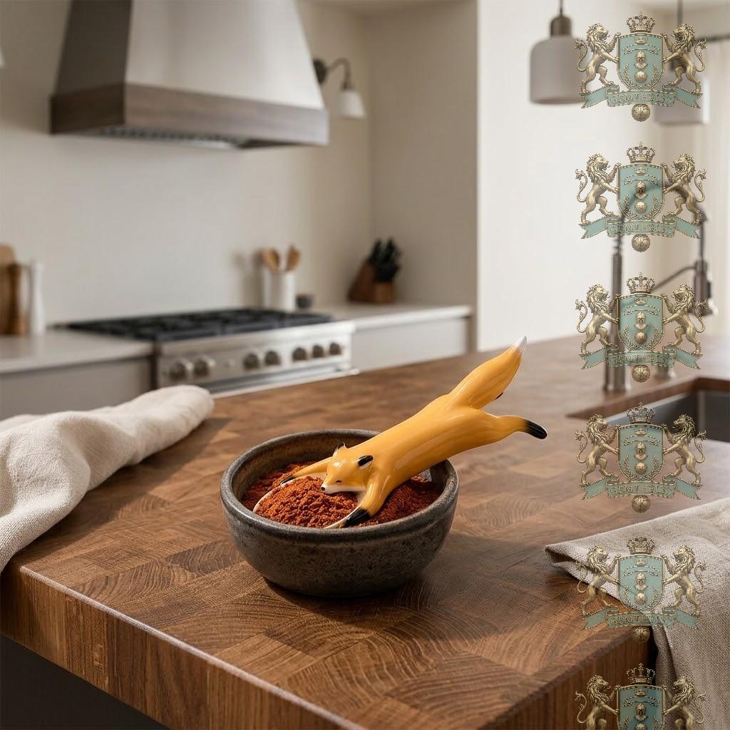Fox Laying Holding Bowl Design Spoon