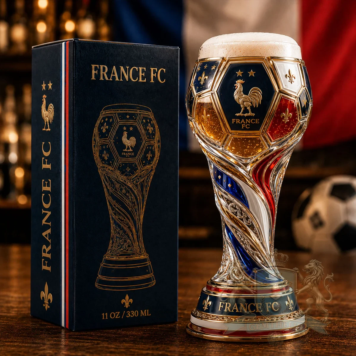 France National Football Team Three Stars Football Champions Trophy Beer Glass - Front View