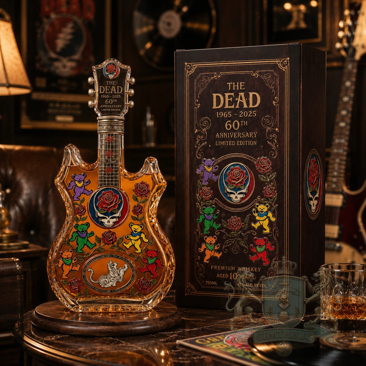 Grateful Dead 60th Anniversary 1965-2025 Guitar Shaped Whiskey Bottle - Detail View
