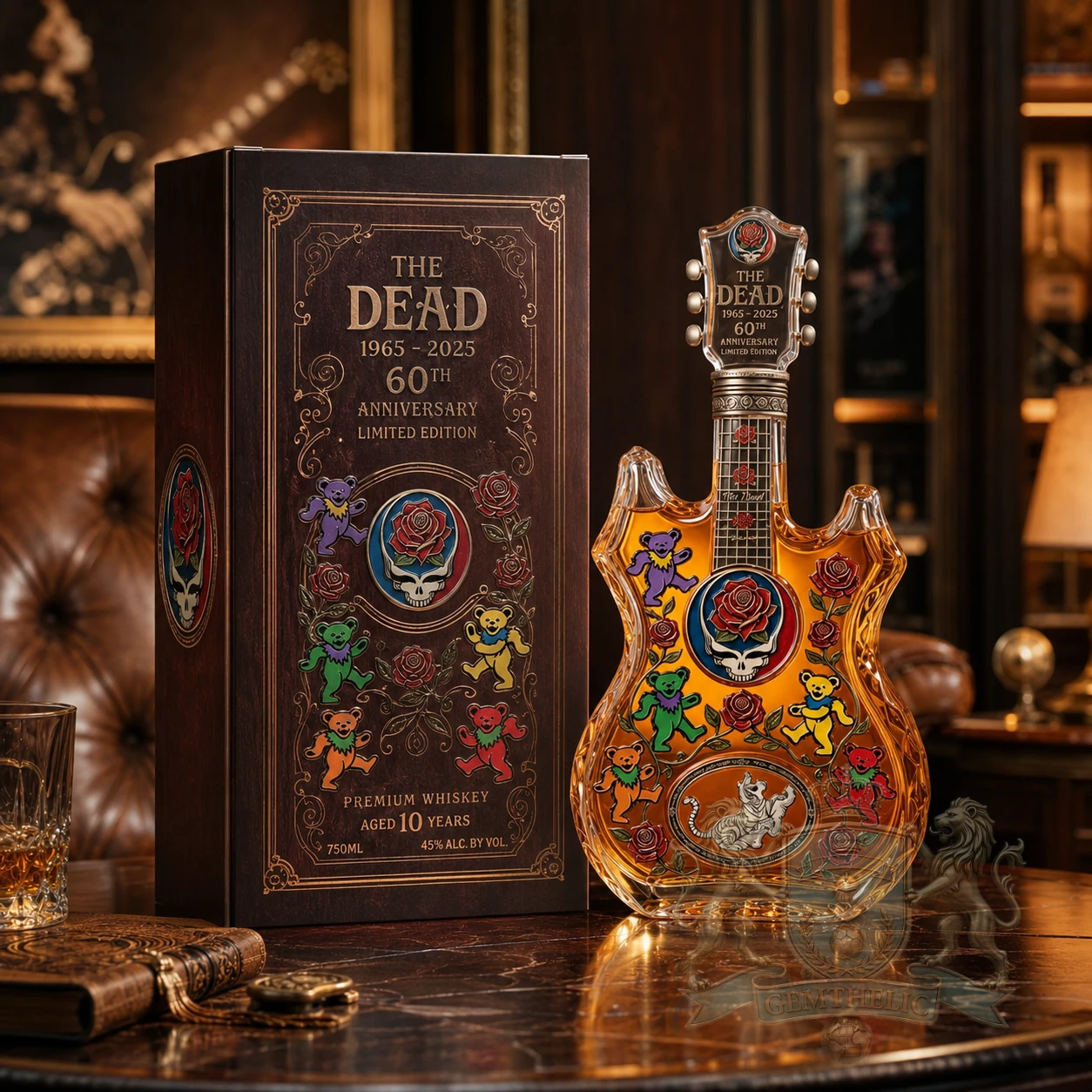 Grateful Dead 60th Anniversary 1965-2025 Guitar Shaped Whiskey Bottle