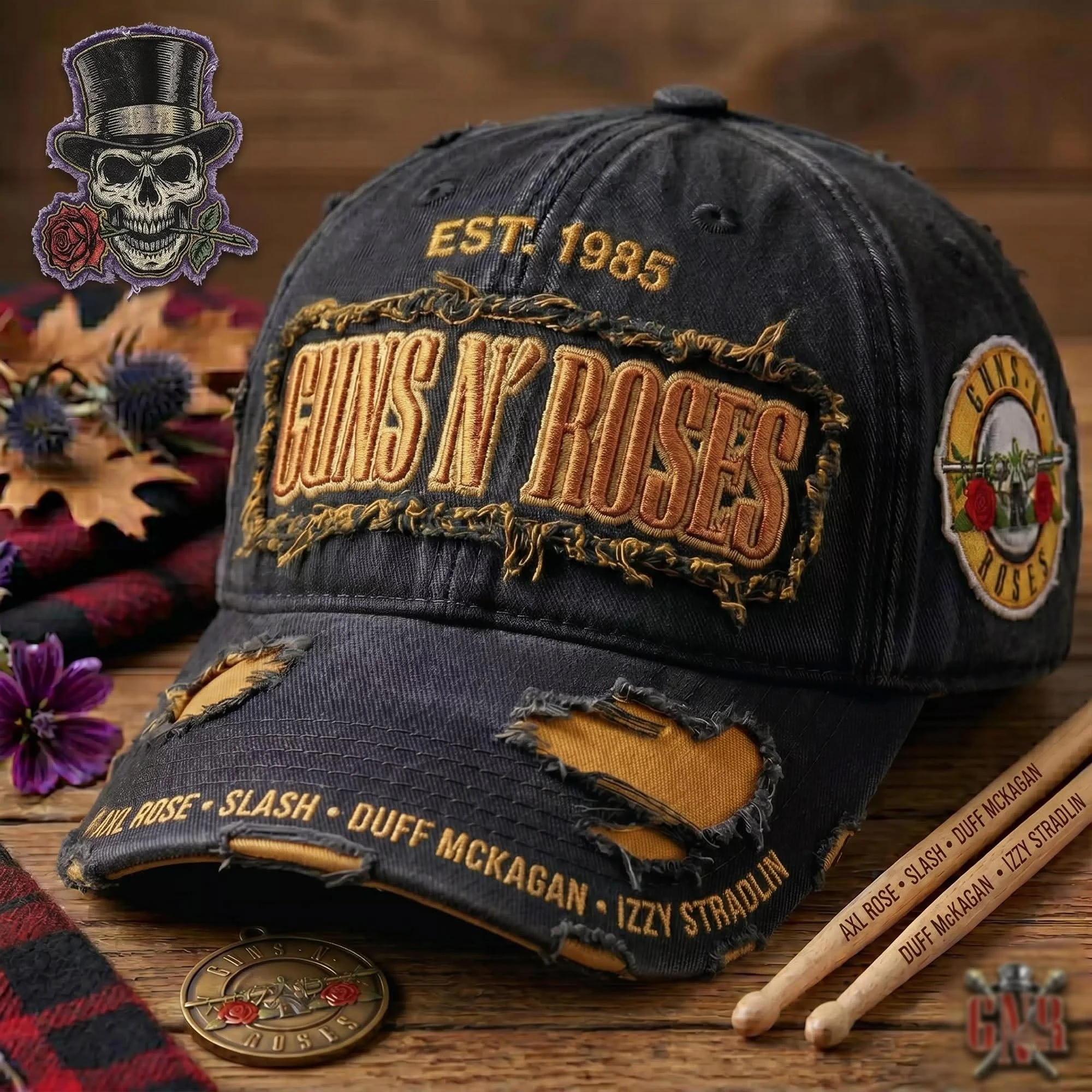 Guns N' Roses Est 1985 Member Names Distressed Baseball Cap - Front View