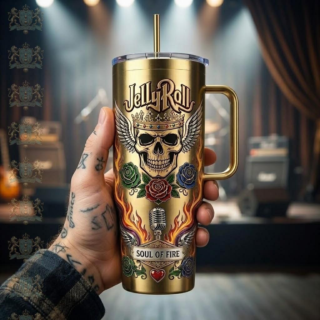 Jelly Roll Soul of Fire Skull Wings Microphone Tumbler - Detail View