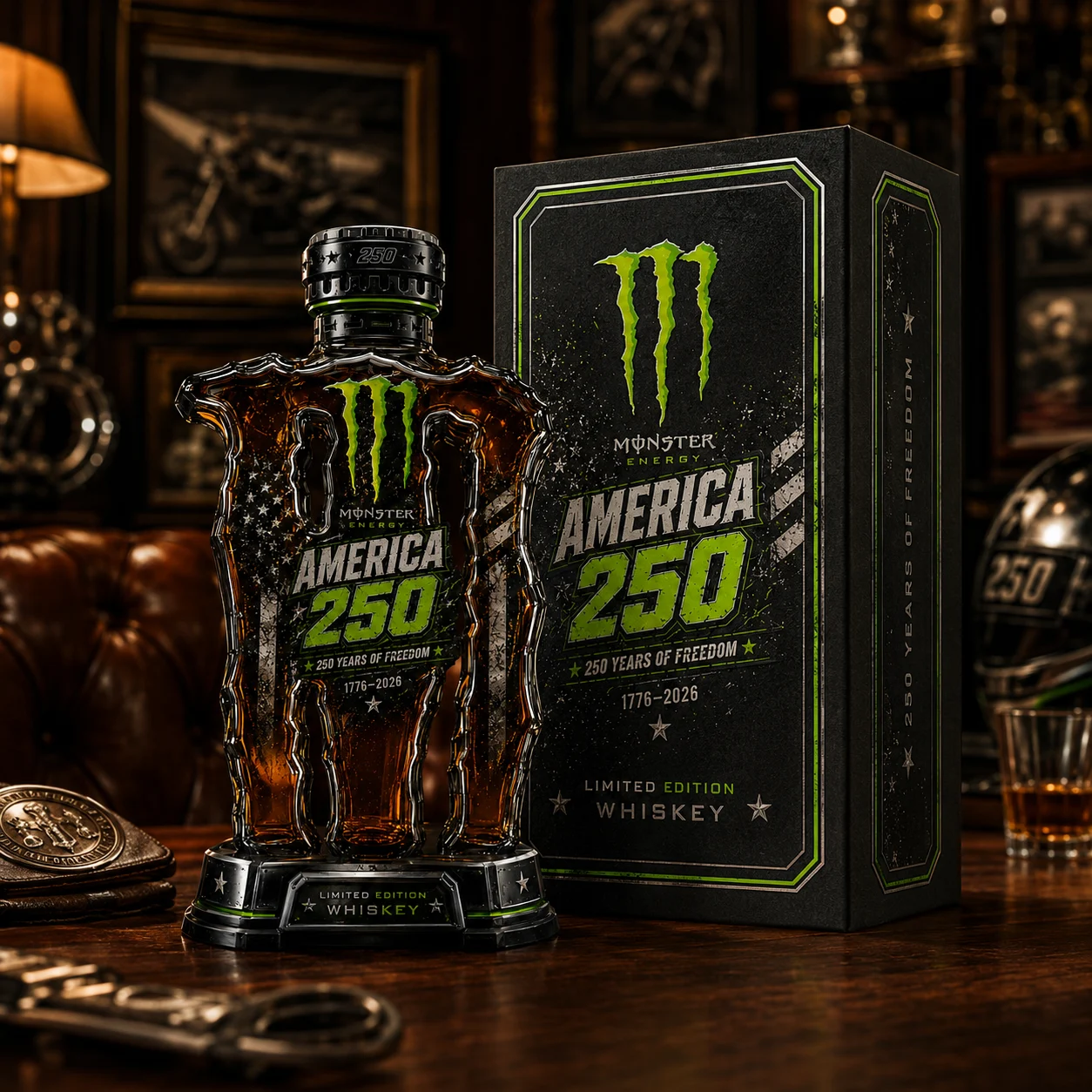 Monster Energy America 250 Years of Freedom Whiskey Bottle - Front View