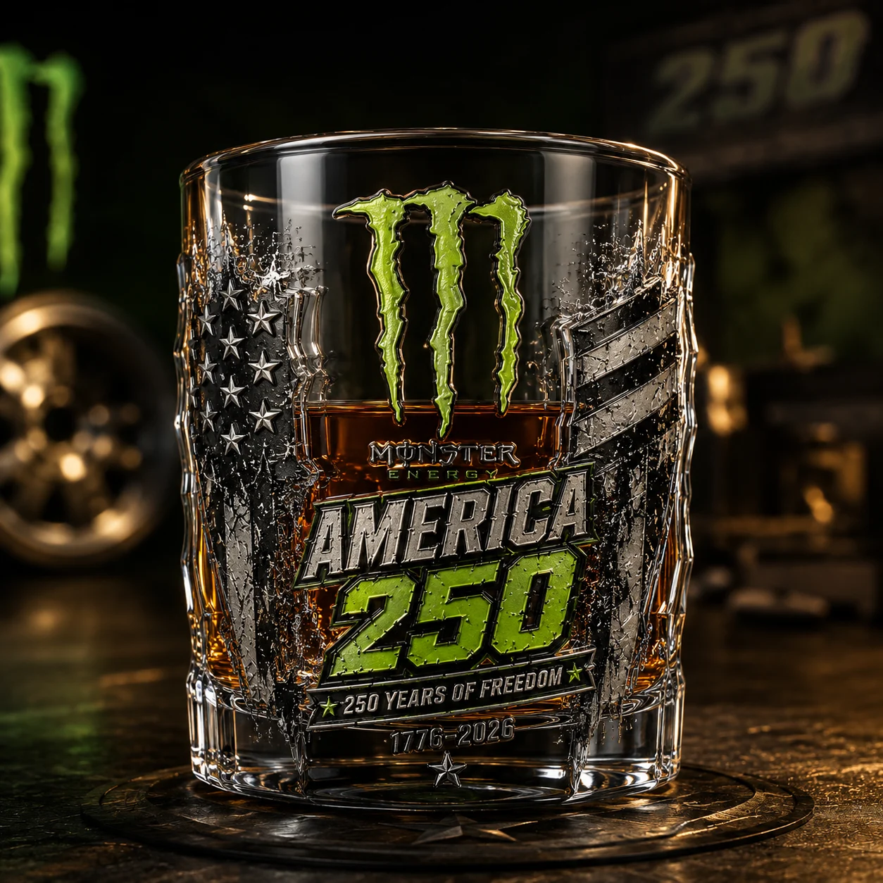 Monster Energy America 250 Years of Freedom Whiskey Glass - Detail View
