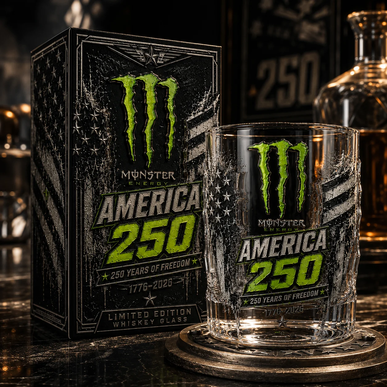 Monster Energy America 250 Years of Freedom Whiskey Glass - Front View