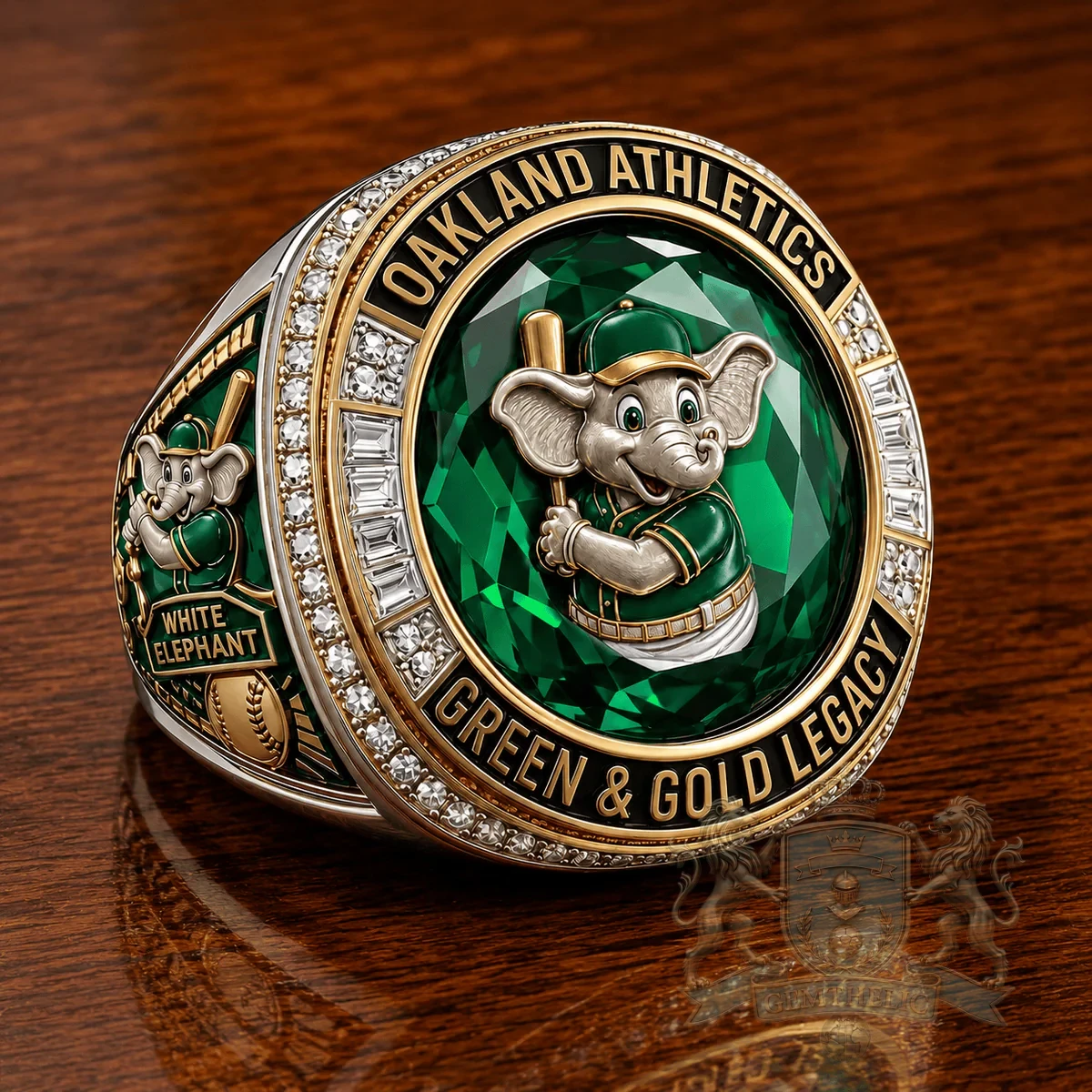 Oakland Athletics White Elephant Green & Gold Legacy Collector Trophy Ring - Detail View