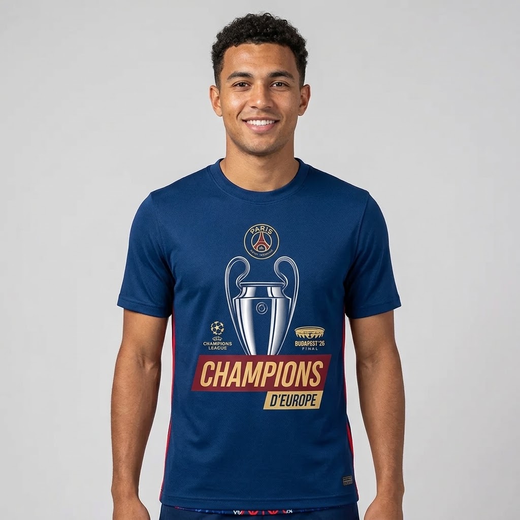 Paris Saint-Germain 2026 UEFA Champions League Champions Budapest Final T-Shirt - Detail View