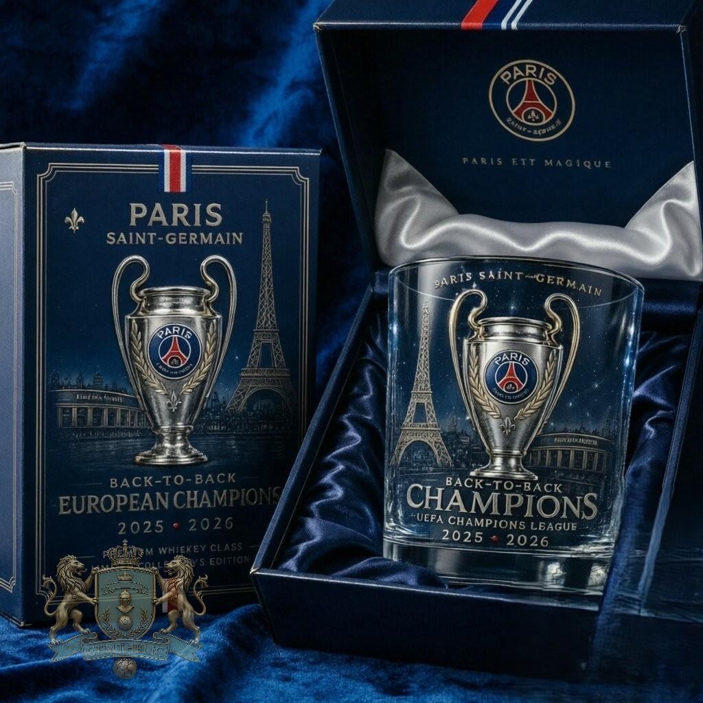 Paris Saint-Germain Back-to-Back UEFA Champions League Whiskey Glass - Front View