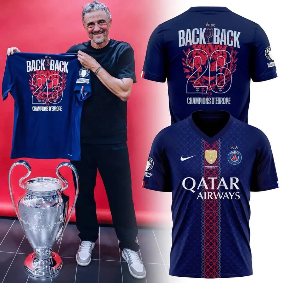 Paris Saint-Germain F.C. Back 2 Back Champions D'Europe 26 T-Shirt - Front View