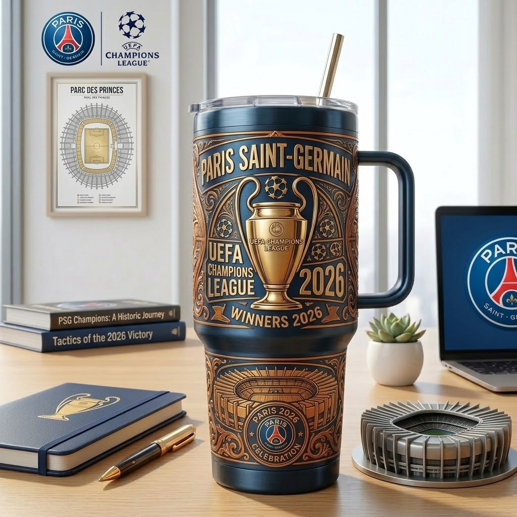 Paris Saint-Germain UEFA Champions League 2026 Winners Celebration Tumbler - Front View