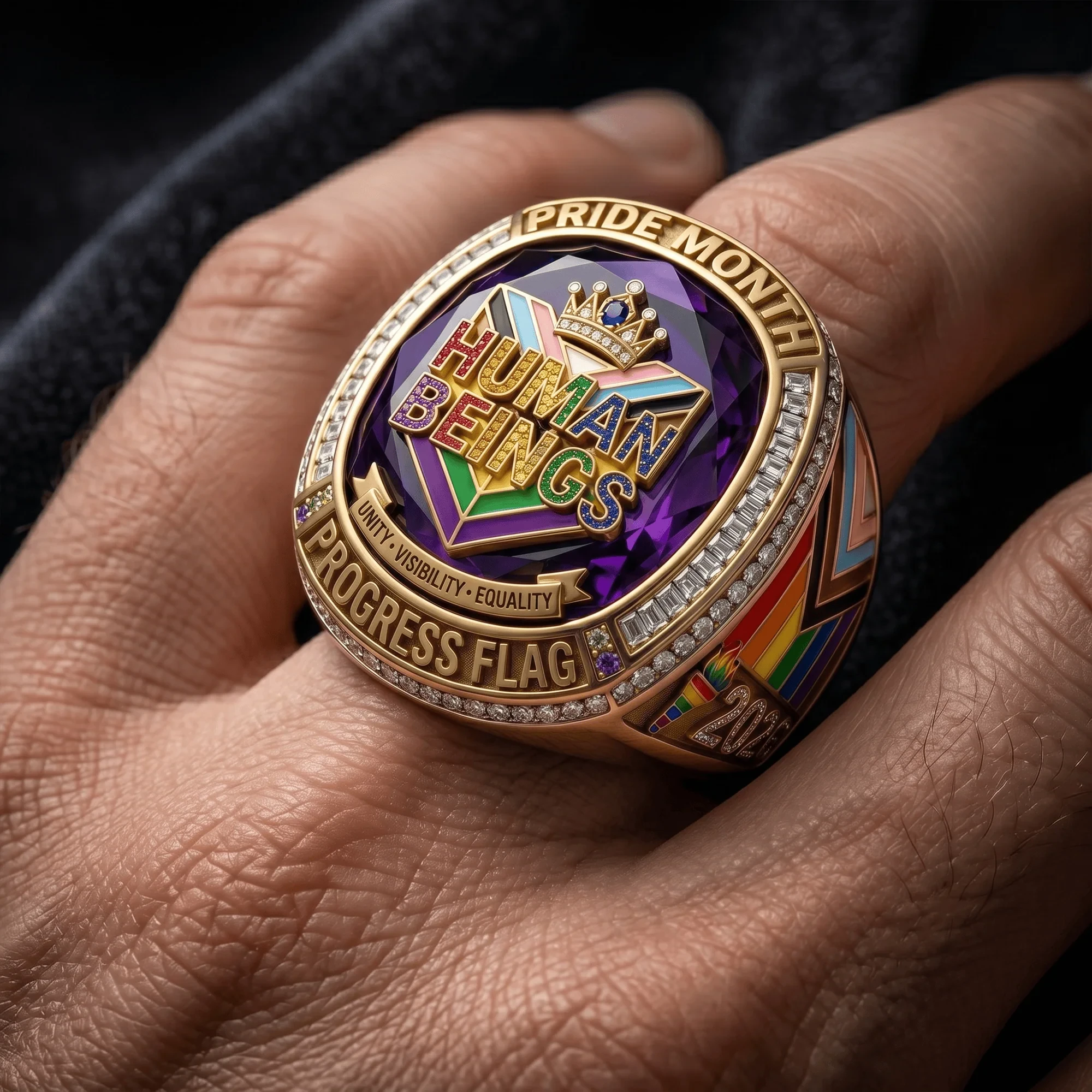 Pride Month Progress Flag Human Beings Unity Visibility Equality 2026 Championship Ring - Detail View