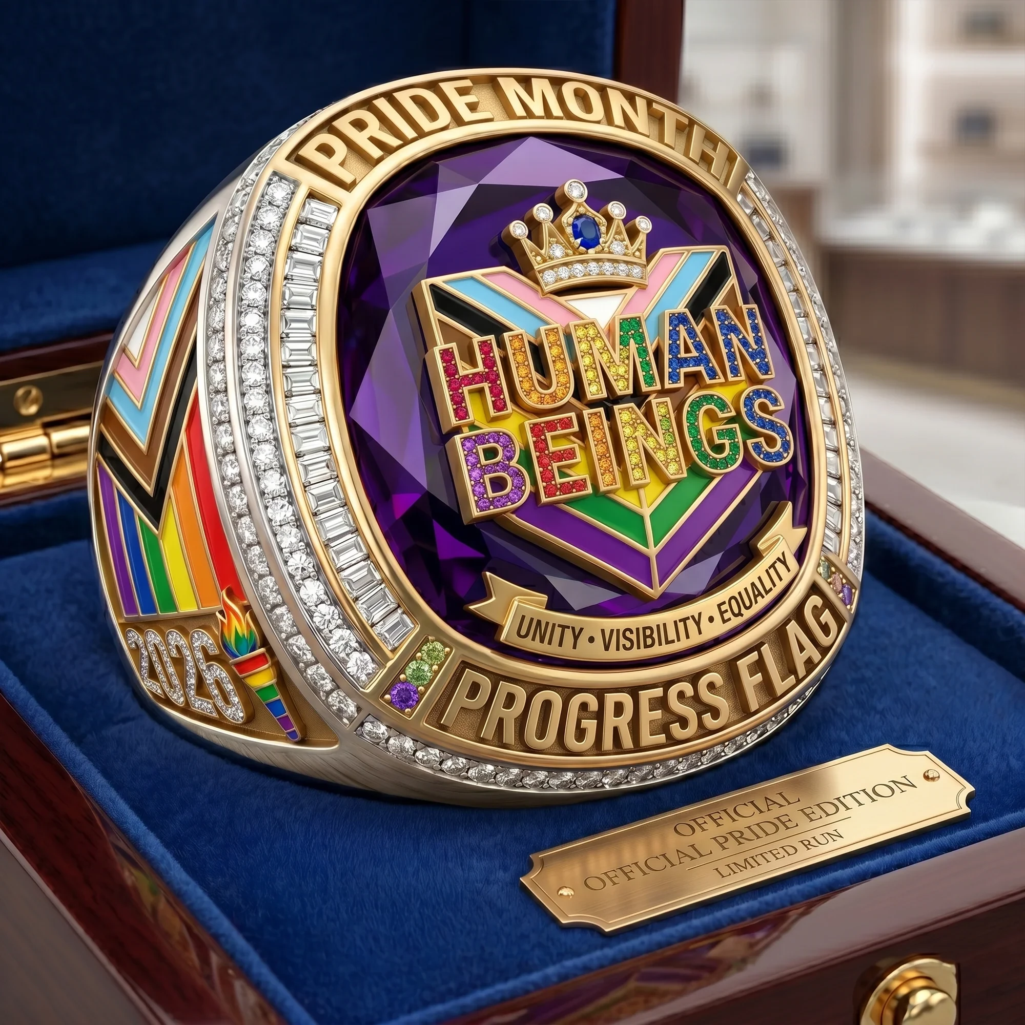 Pride Month Progress Flag Human Beings Unity Visibility Equality 2026 Championship Ring - Front View