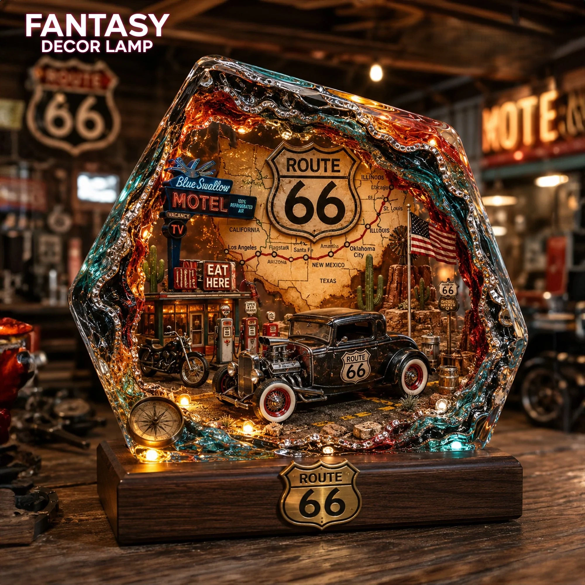 Route 66 Vintage American Road Trip Map Car Decor Lamp - Front View