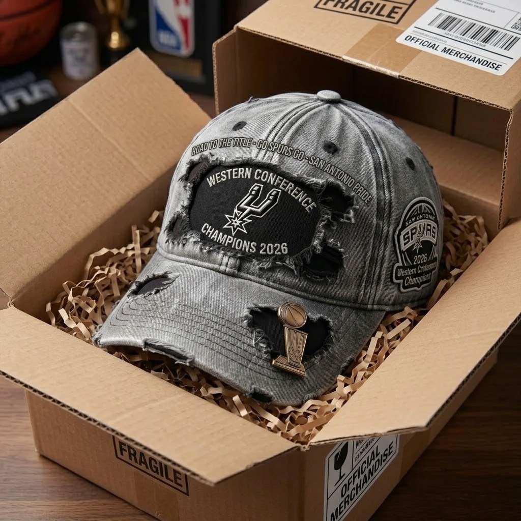 San Antonio Spurs Western Conference Champions 2026 Distressed Baseball Cap - Detail View