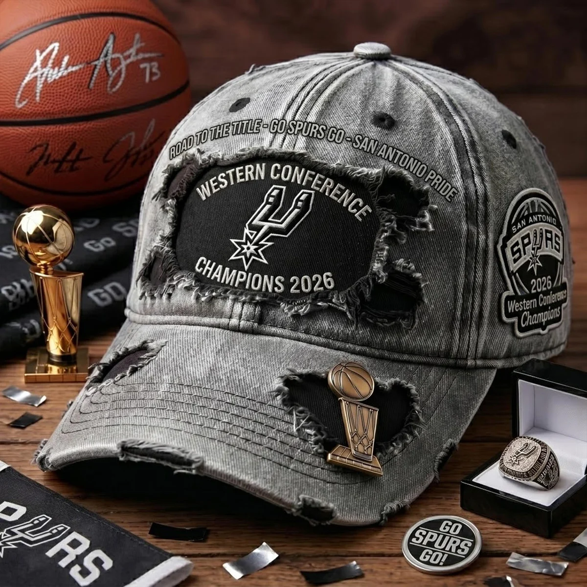 San Antonio Spurs Western Conference Champions 2026 Distressed Baseball Cap - Front View